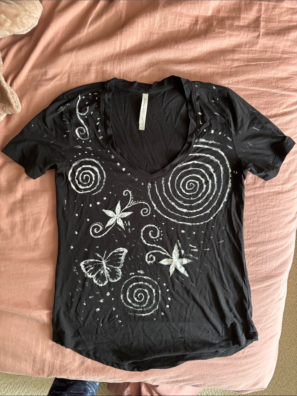Women’s Black V-Neck Tee with White Floral & Butterfly Print